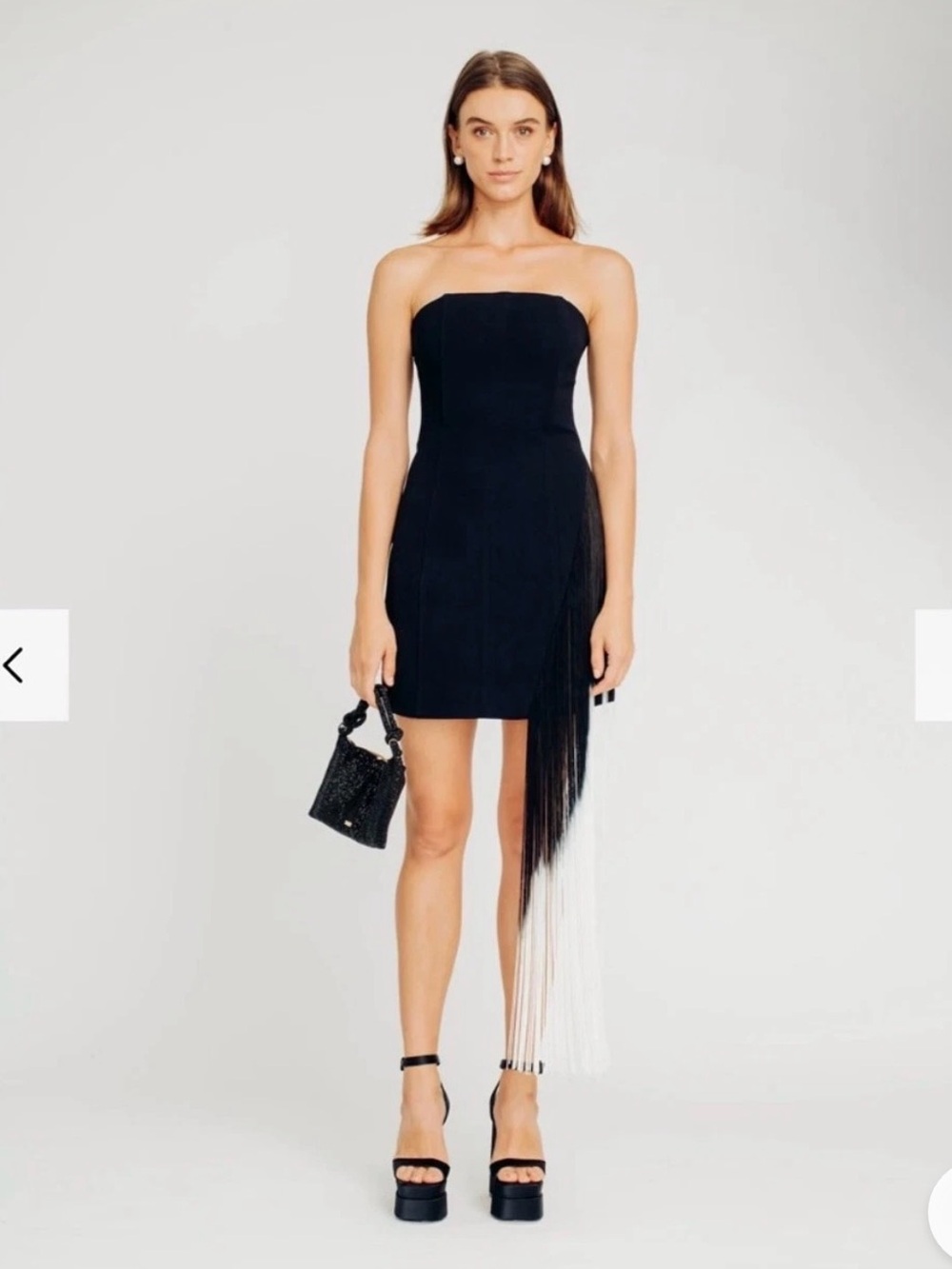 Torn by Ronny Kobo Black Strapless Mini Dress with Two-Tone Fringe